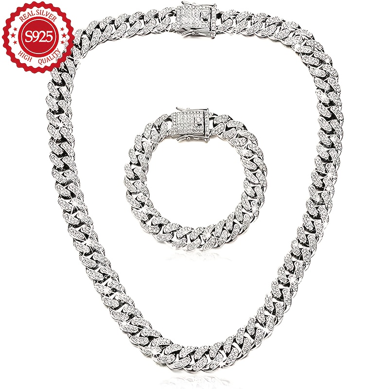 TEMU 925 Sterling Silver (including 10g) Silver Cuba 2pcs Set, , Nickel-free, Anti-allergy Italian Process , High Quality Certification - With A Box