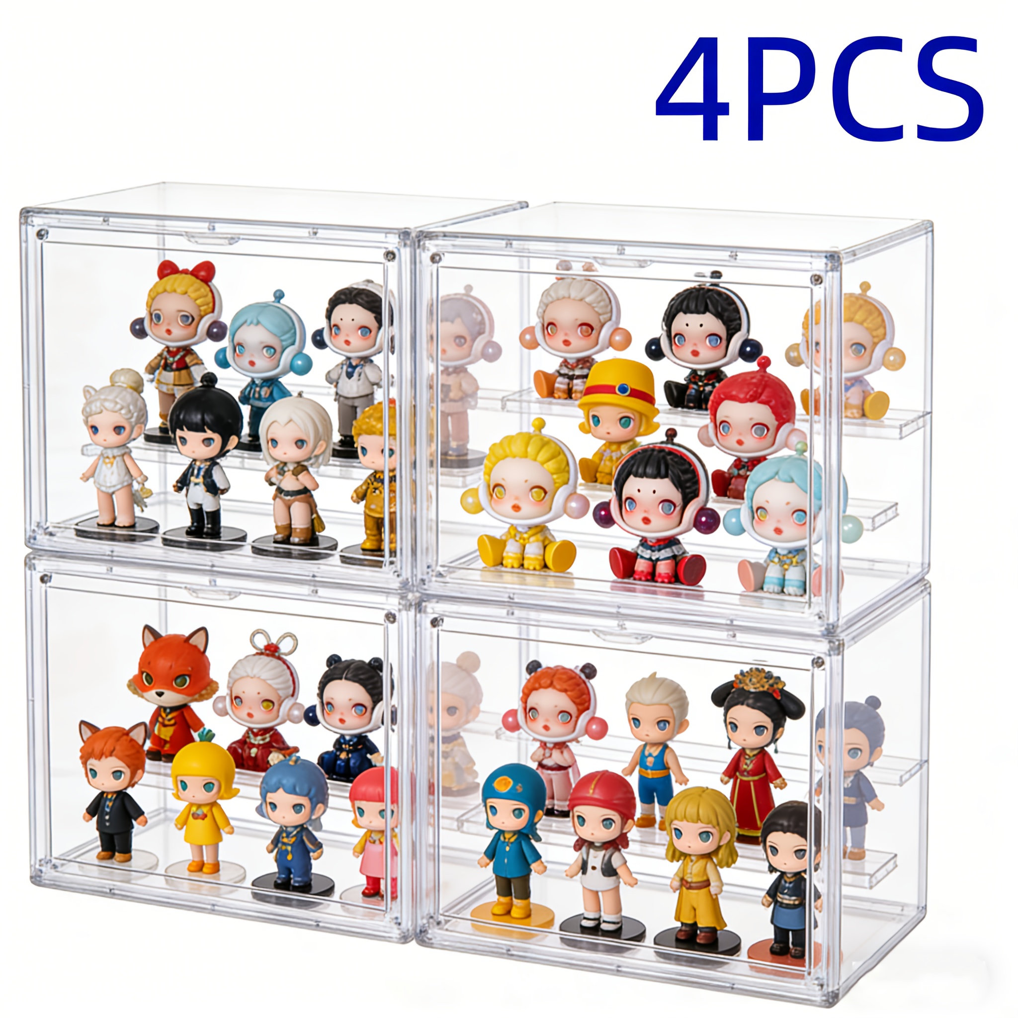TEMU 4/6pcs Clear 3-tier Display Case With Removable Dividers, Stackable, Magnetic Door, Dustproof And, Ideal For Figures, Blind Boxes, Small