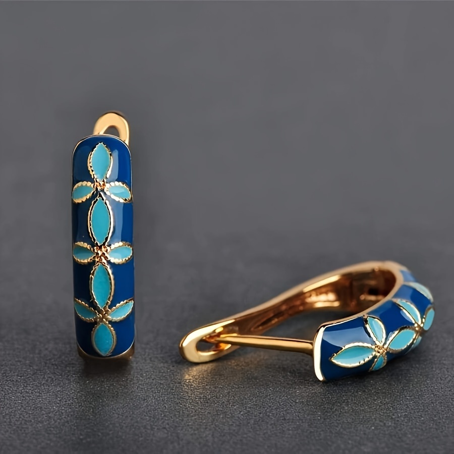 TEMU 1 Pair Luxury Court Vintage Style Hoop Earrings Blue Enamel Flower Golden Bordered Copper Hoop Earrings