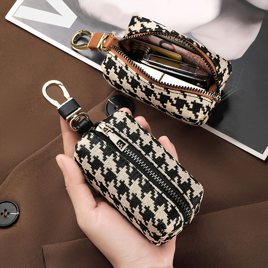 TEMU Houndstooth Key Pouch - Car Key Holder With Random Print & Zipper, Stylish Large Capacity Waist Bag For Men, Multi-functional Wallet & Card Case