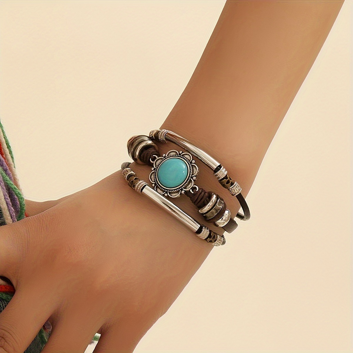 

1pc, Boho &vintage Style, Vintage Multi-layer Leather Bracelet, Inlay Oval Turquoise Bracelet, Fashion Accessory For Daily Wear & Party, Idea Gift For Ladies On Birthday