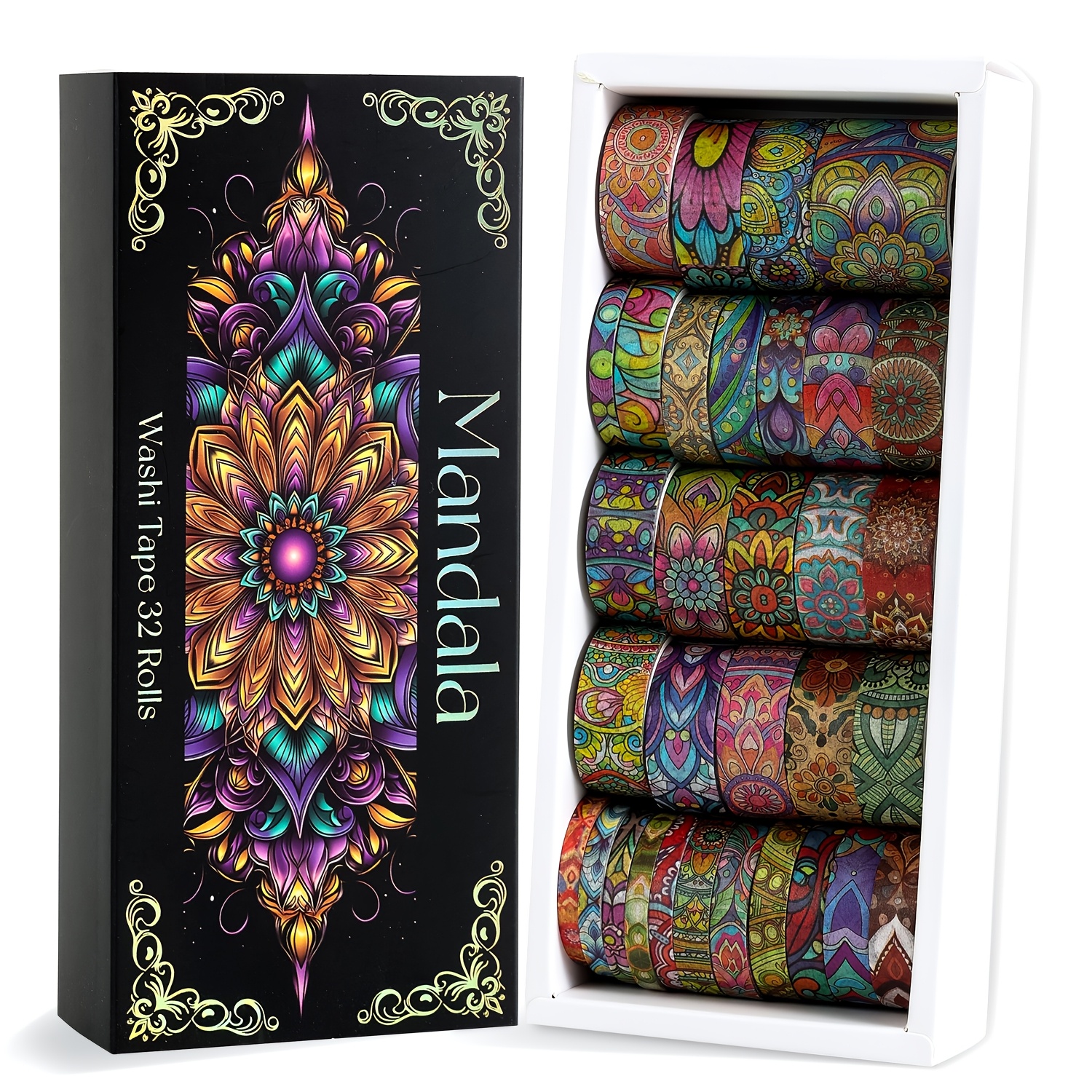 TEMU 32 Rollen Mandala Washi Tape Geschikt voor Dagboek, Plakboek, Knutselen, Cadeauverpakking - Kleurrijk Vintage Bloemenpatroon met Kunststof
