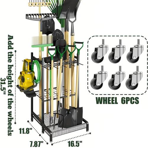 garden tool organizer with wheels yard rack for garage organization and storage long handled tools rakes brooms heavy duty steel garden tool stand for shed outdoor fathers day gifts
