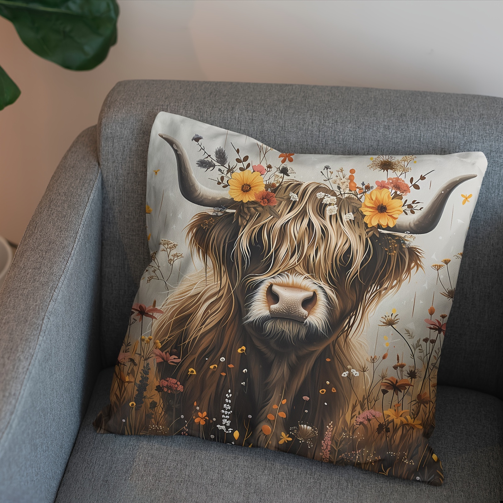 

1pc Highland Cow Short Plush Pillowcase, Zipper Single-sided Printed Pillowcase, Home Decoration Sofa Bedroom Decoration, No Pillow , 18×18 Inches