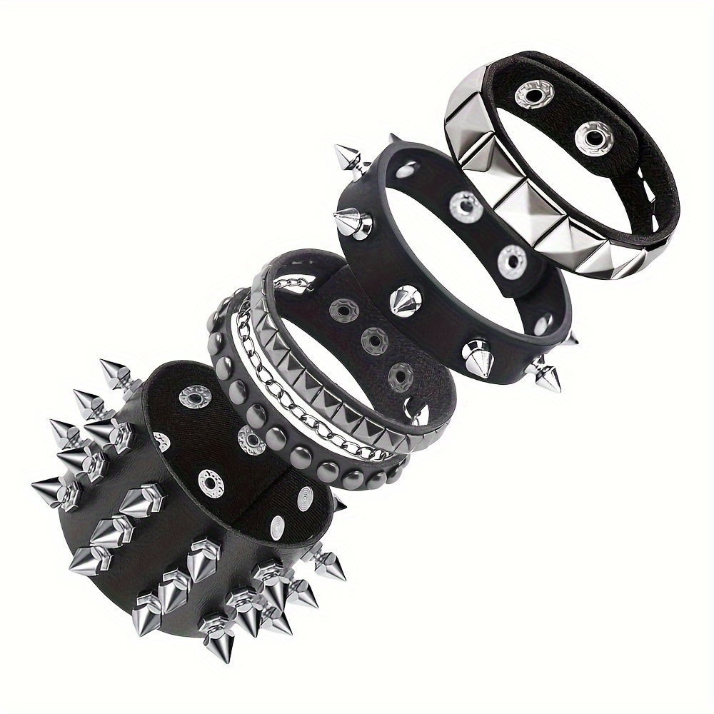 [Punk Rock Studded Bracelet] 1/3/4pcs Punk Rock Studded Bracelet Collection - Spiked Cuff Bracelet for Men - 80S Style Wristband, Emo Bracelet, Adjustable Faux Leather
