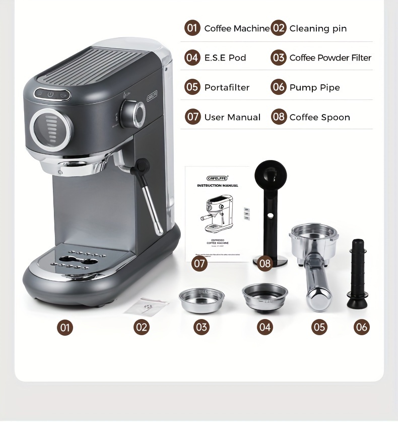  premium semi automatic espresso machine stainless steel latte cappuccino maker with built in milk frother and steam wand easy clean resistant compatible with ground coffee ese pods includes warmer cup 1l detachable tank perfect for home office parties gifting details 21