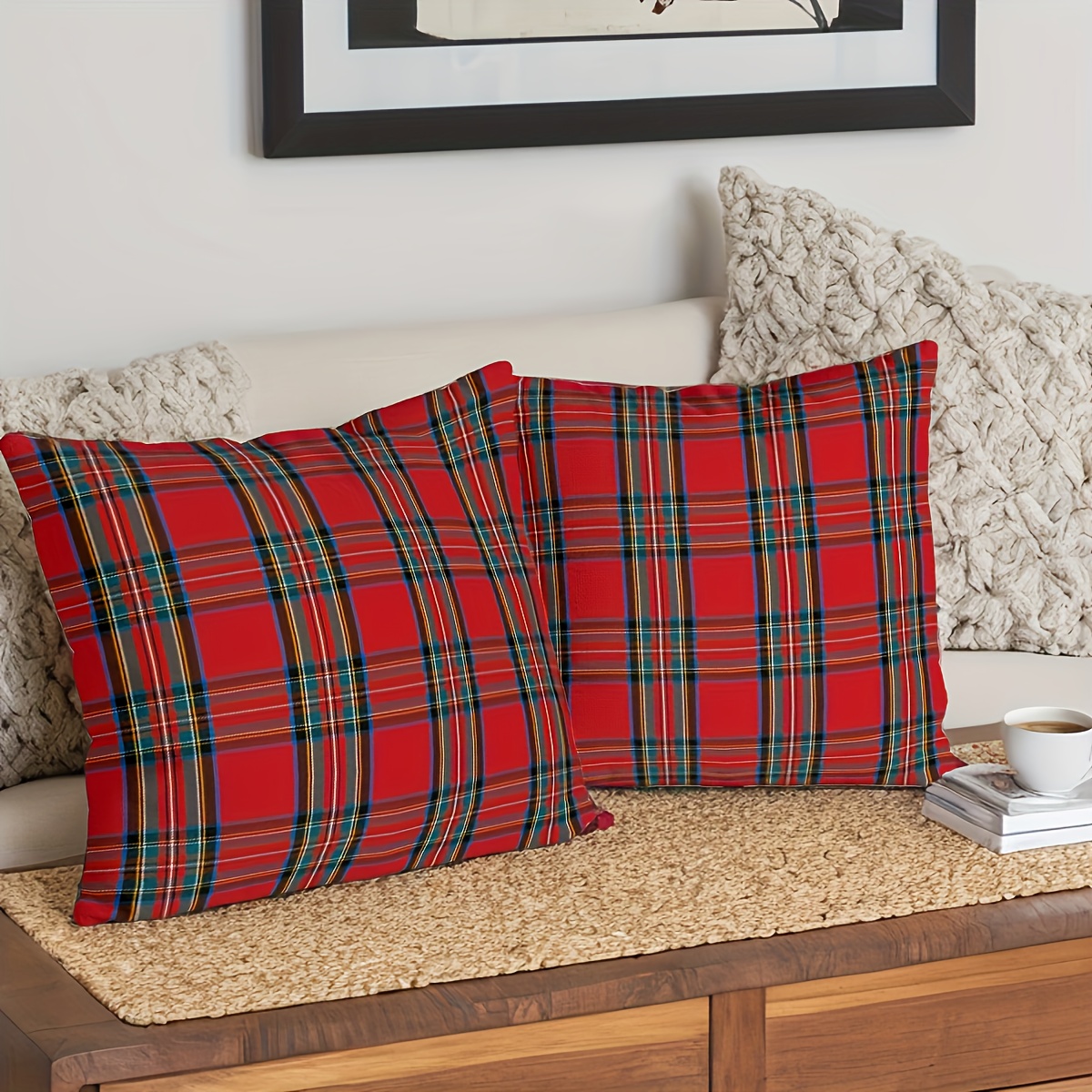 

2pcs, 18x18 Inch, Red Plaid Scottish Tartan Throw Pillow Covers, Vintage Style, Machine Washable, Anti-allergen, Zippered Cushion Cases For Farmhouse Home Holiday Decor, Polyester Knit Fabric