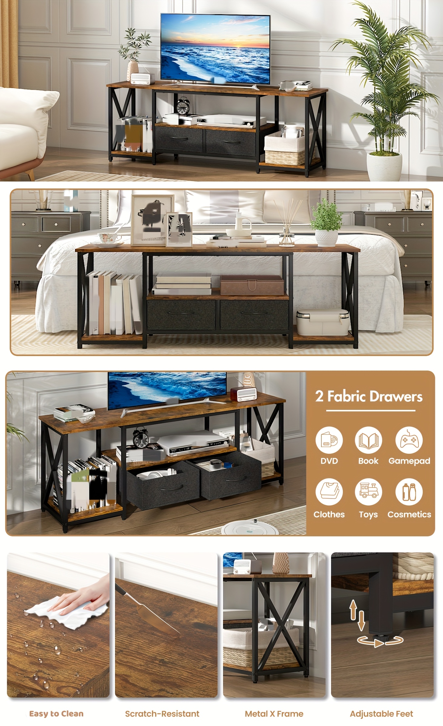   industrial tv cabinet 140cm entertainment center stand with open storage shelves media console table with fabric drawers for living room Product details 0