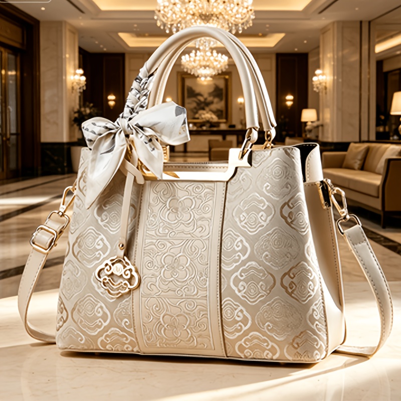 TEMU Chinese Style Clouds Embroidered Tote Bag, Elegant Handheld Crossbody Bag, Versatile Shoulder Bag For Mom Or Mother-in-law, Random Printed