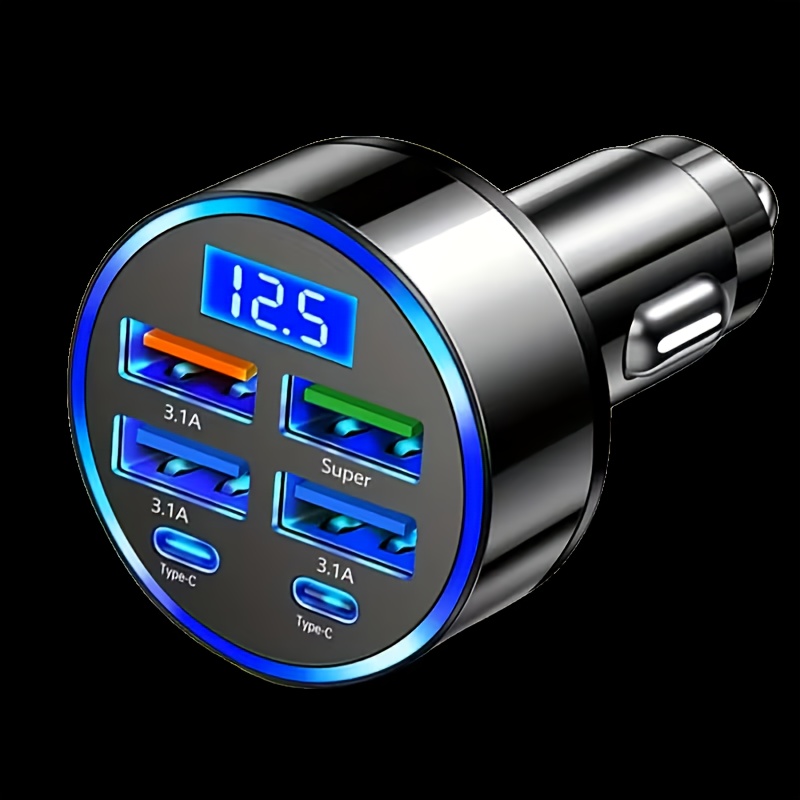 6-u-1 Brzi Auto Punjač, 4 USB Porta + 2 Type-C Porta, 66W Brzo Punjenje s Nadzorom Napona za Sigurnije Punjenje u Vozilu; Dual PD3.0 Brzo Punjenje, Digitalni Zaslon, Prijenosni Punjač, Auto Punjač za Mobitel