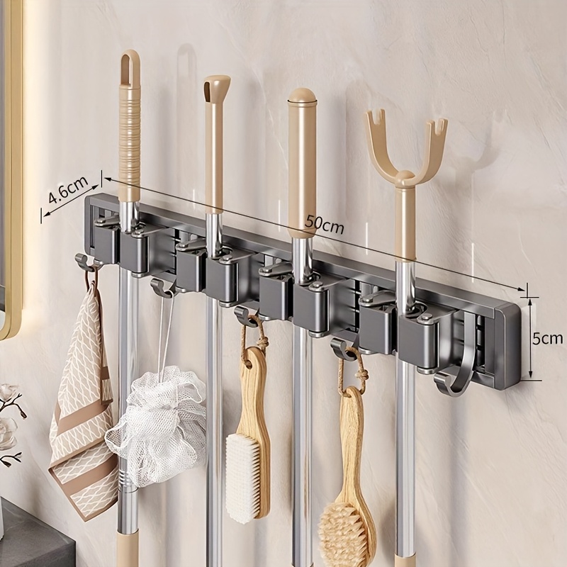 TEMU [heavy-duty Adjustable Metal Mop Holder] Heavy-duty Golden Metal Mop And Broom Holder With Adjustable Hooks - Wall-mounted Organizer For Home,