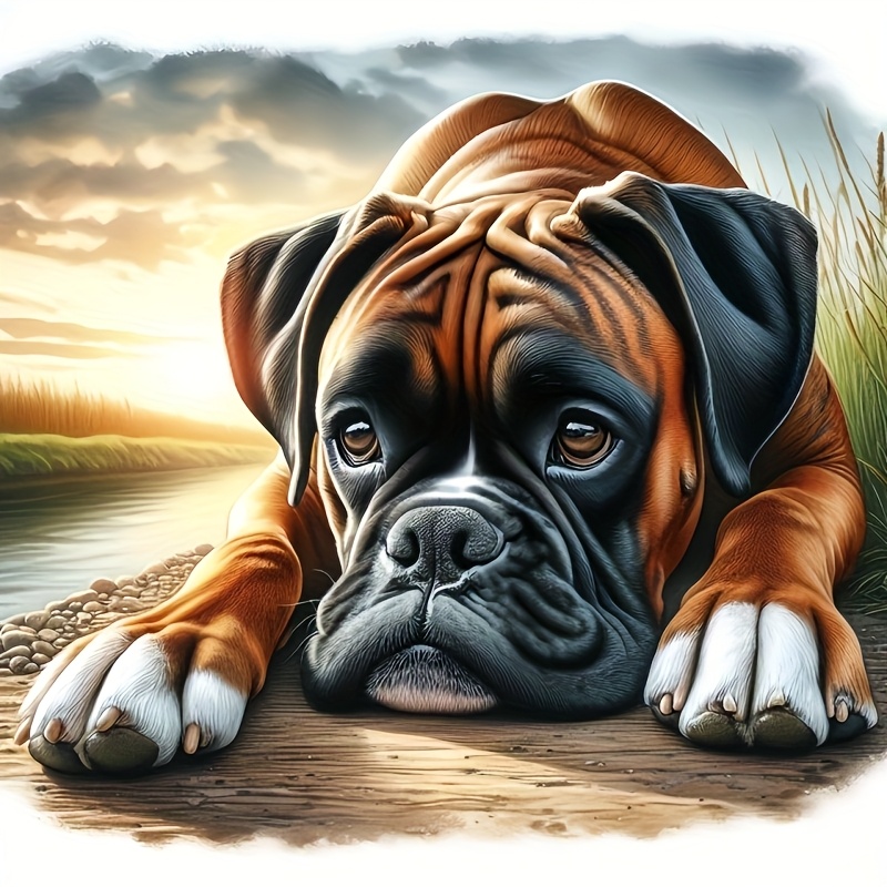 

1pc, 5d Diy Diamond Painting Kit, Round Acrylic Diamond Art, Sad Bulldog At Sunset, Tabletop & Wall Decor, Home Ornament, Craft, Gift