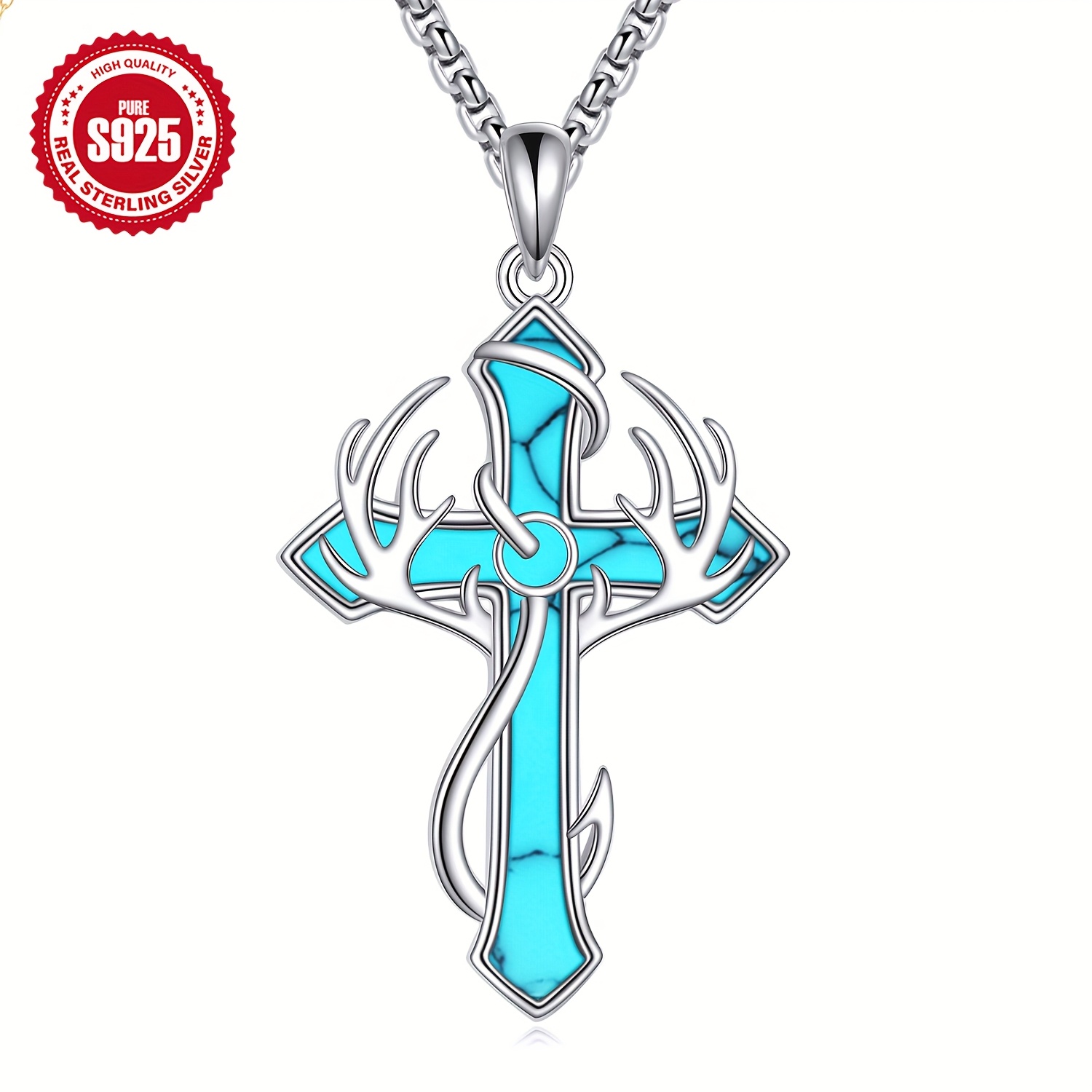 cross fish hook and deer YYmqmq Necklace for Men Women 925 Sterling Silver Antler Cross Pendant Moss Agate Necklace Christian Jewelry Religious Jewelry Hunting Gifts for Men Women Hunters Suitable as a gift for dad Men's 925 Sterling Silver Cross