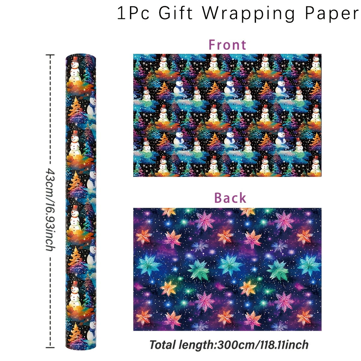 TEMU 1pc, , Papier d'Emballage Cadeau de Noël, 43 X 300Cm, Papier d'Emballage Double Face Coloré de Noël avec de Neige et de Neige, Cadeaux de Noël,