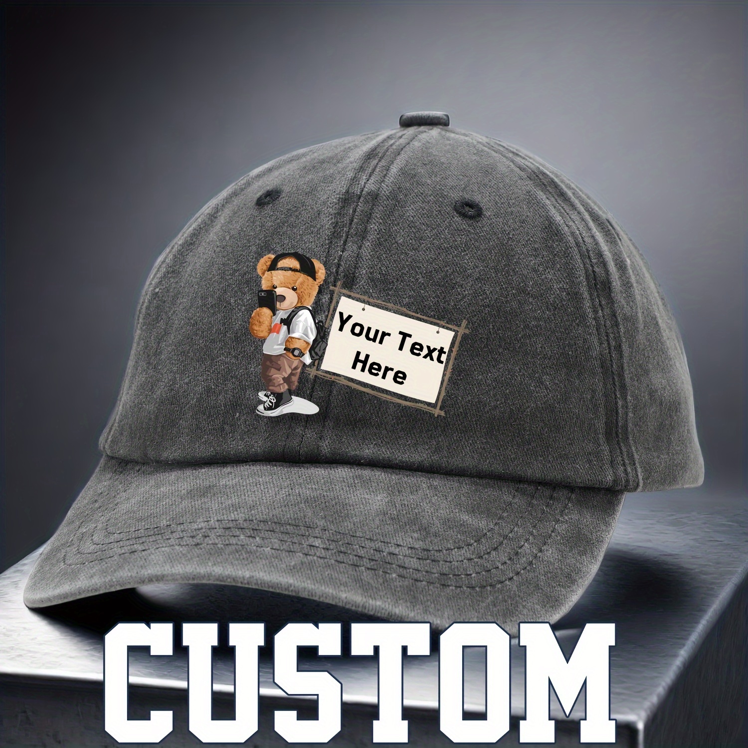 

Cute Bear Printed Custom Hat Unisex Personalized Baseball Cap Washed Distressed Customizable Text Dad Hats For Women Men