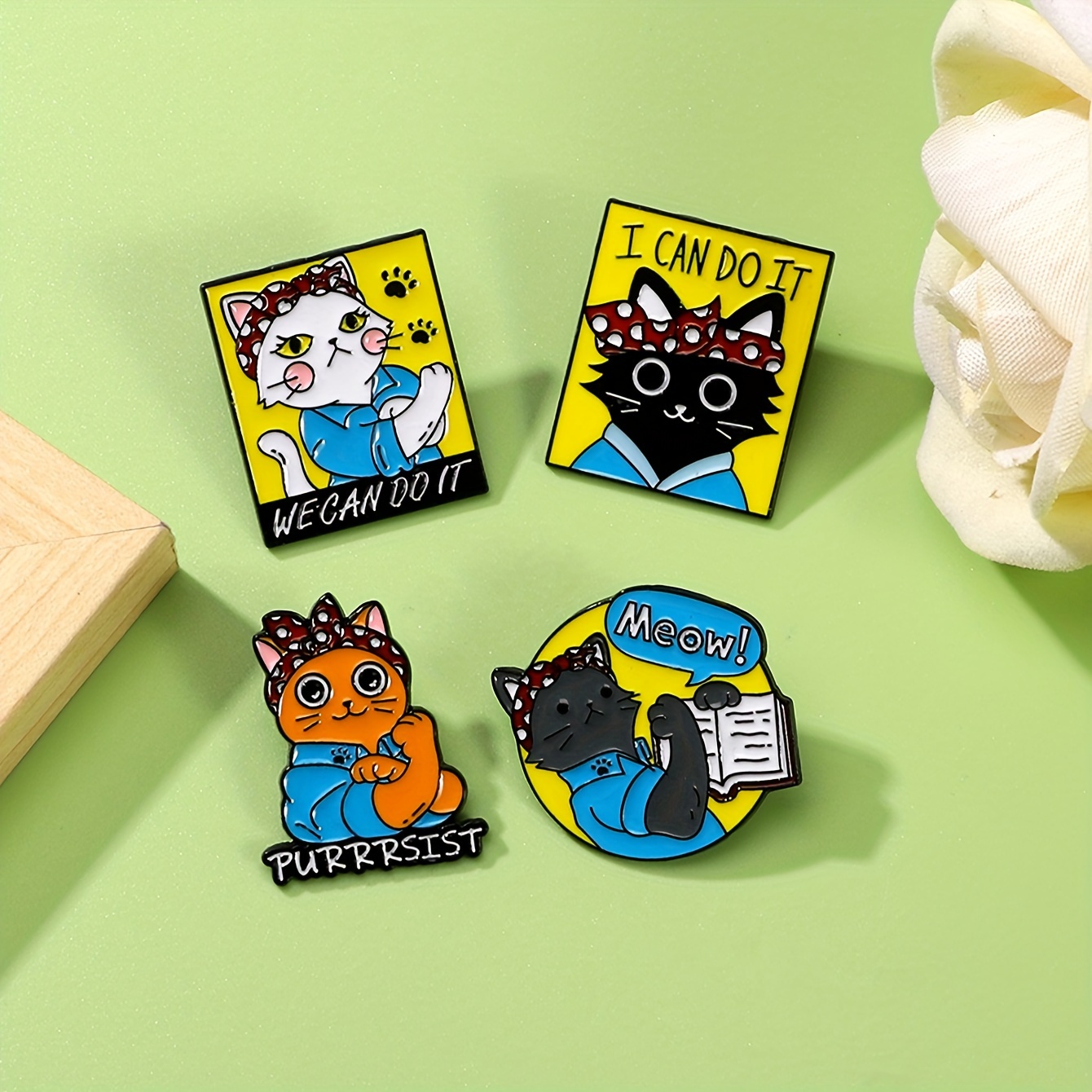 

Chic 4-piece 'i Can Do It' Cat Enamel Pin Set - Uv Plated, Zinc Alloy Fashion Accessories For Women, Perfect For Everyday Wear