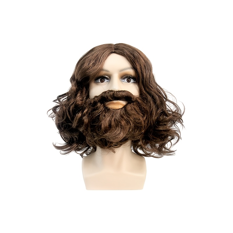 TEMU Brown Curly Wig And Beard Set, Integrated Design High Fidelity Styling, Halloween Role-playing Cover, Comfortable Breathable Wig , Long Wear