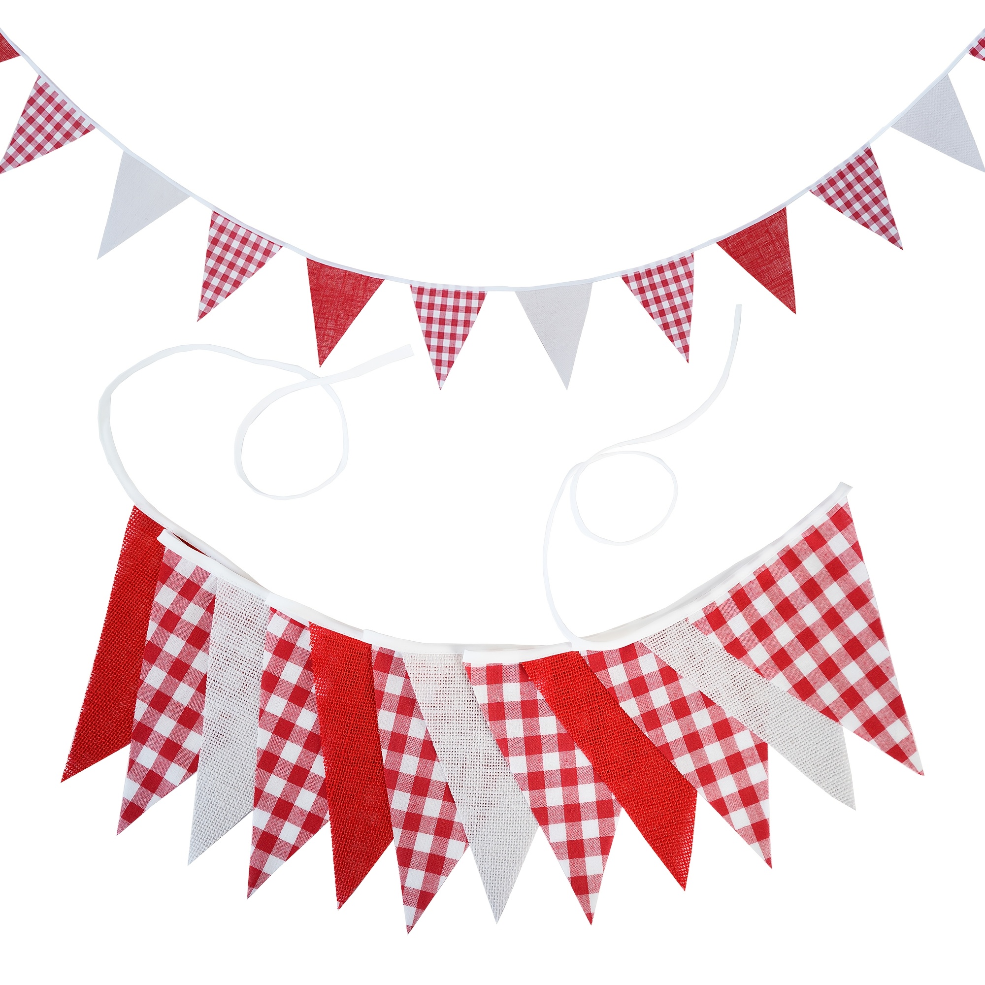 Image of 10.5ft Checked Fabric Fixed Pennant 12 Flags Hessian Wedding Party Decor Bunting Vintage Banners Shower Carnival Garland