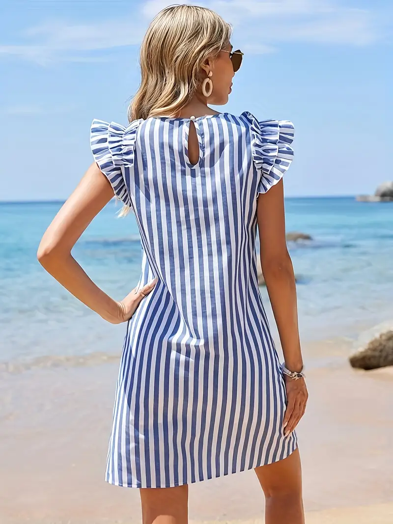 Women'S Short Sleeve Striped Beach Dress - Blue & White Vertical Stripes, Round Neck, Button Detail *-Length Summer Dress for Casual * Beach Dresses Women'S Short Sleeve Striped Beach Dress - Blue & White Vertical Stripes, Round Neck, Button Detail *-Length Summer Dress for Casual * Beach Dresses