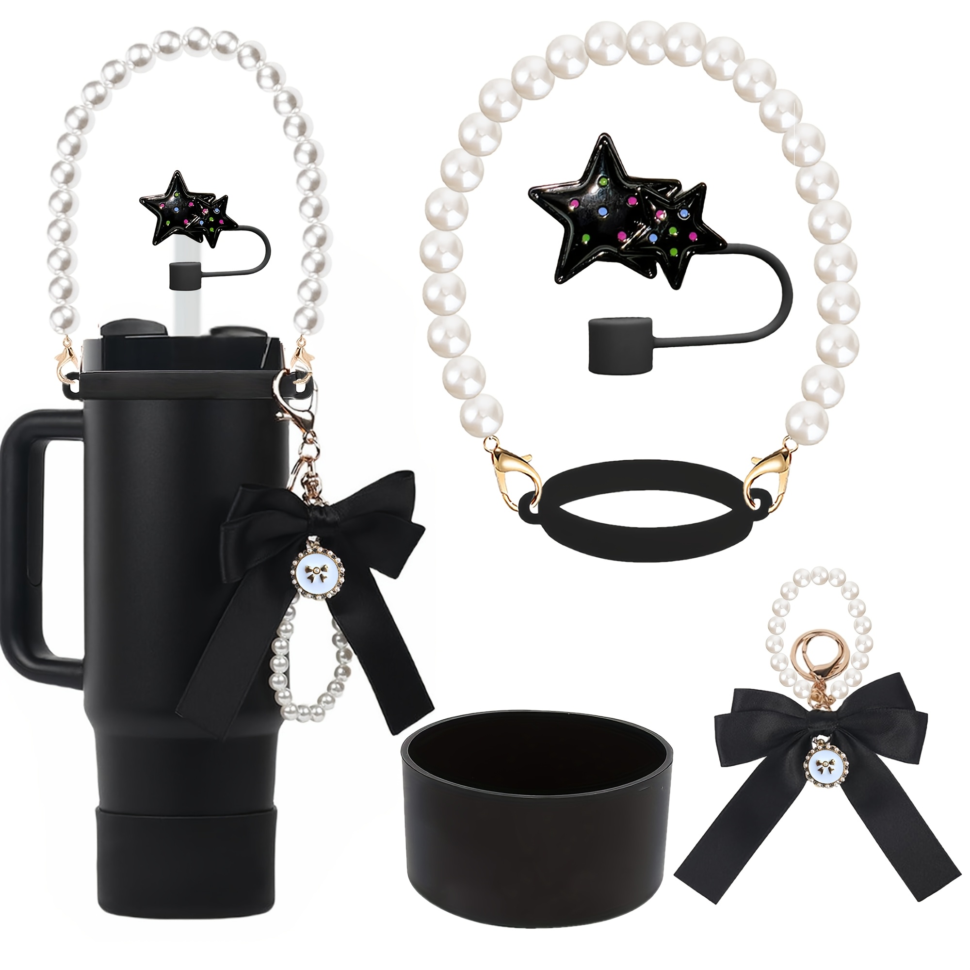 

5pcs Accessory Kit: Pearl Strap, Bow Keychain, Silicone Boot & Star Straw Cover - 40oz & 30oz St Cups - Ideal Gift For Birthdays & Holidays