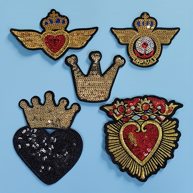 Image of 5pcs Set Of Heart-shaped Crown Badge Sequin Embroidery Patches. Chenille Patches With Adhesive Backing, Suitable For Ironing On. Clothing Embroidery Patches And Additions