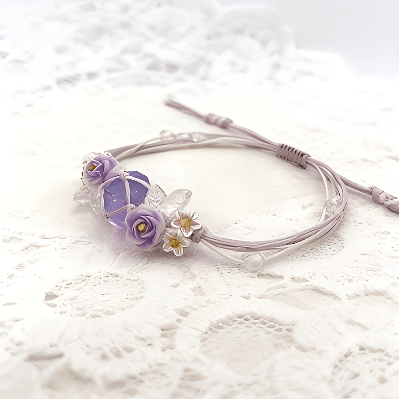 Purple Camellia Handwoven Crystal Bracelet