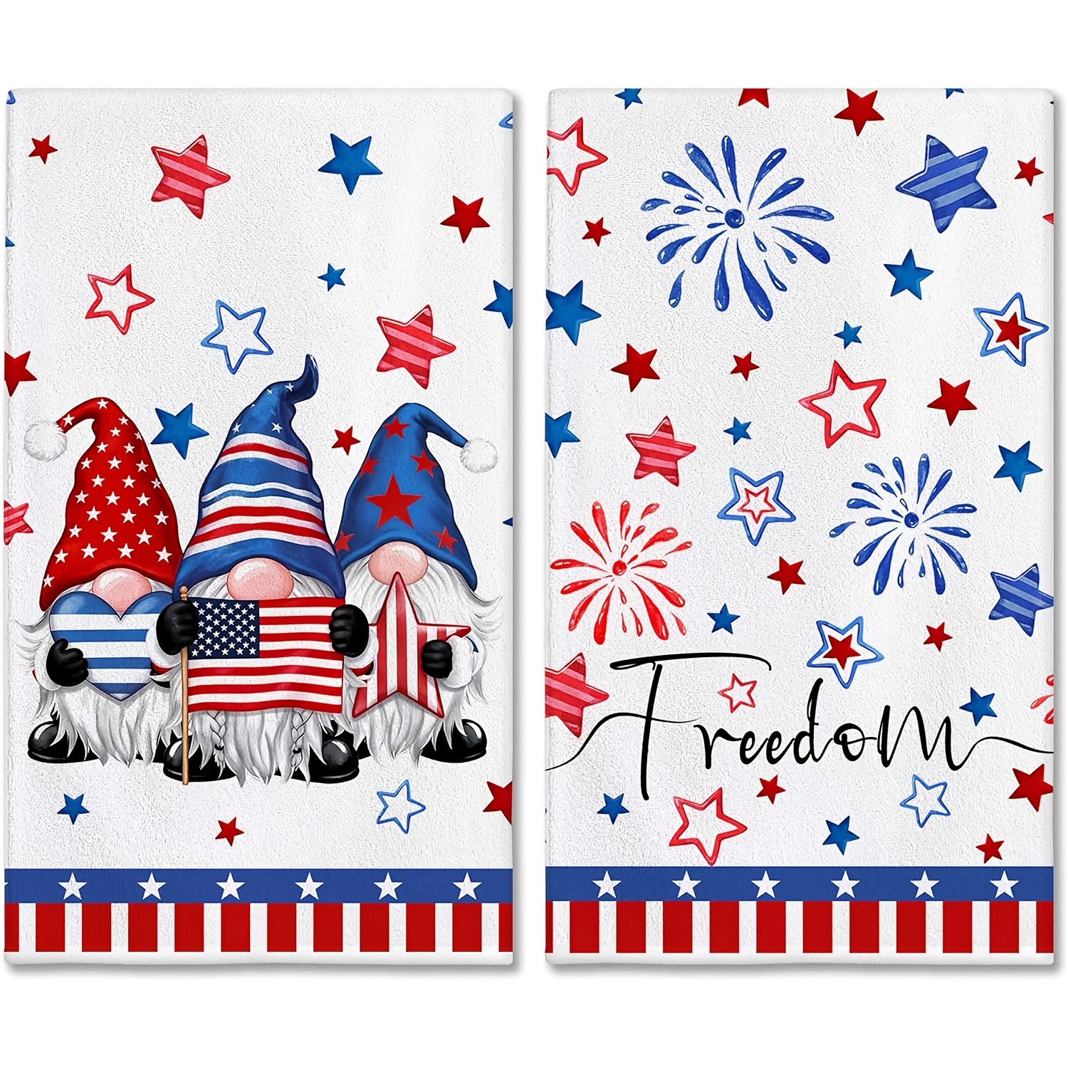 TEMU 2pcs, Polyester Single Sided Funny Kitchen Towel, Cute Dwarf Elf Firework Star Patriotic Kitchen Towels Dish Towels, Farmhouse Memorial Day