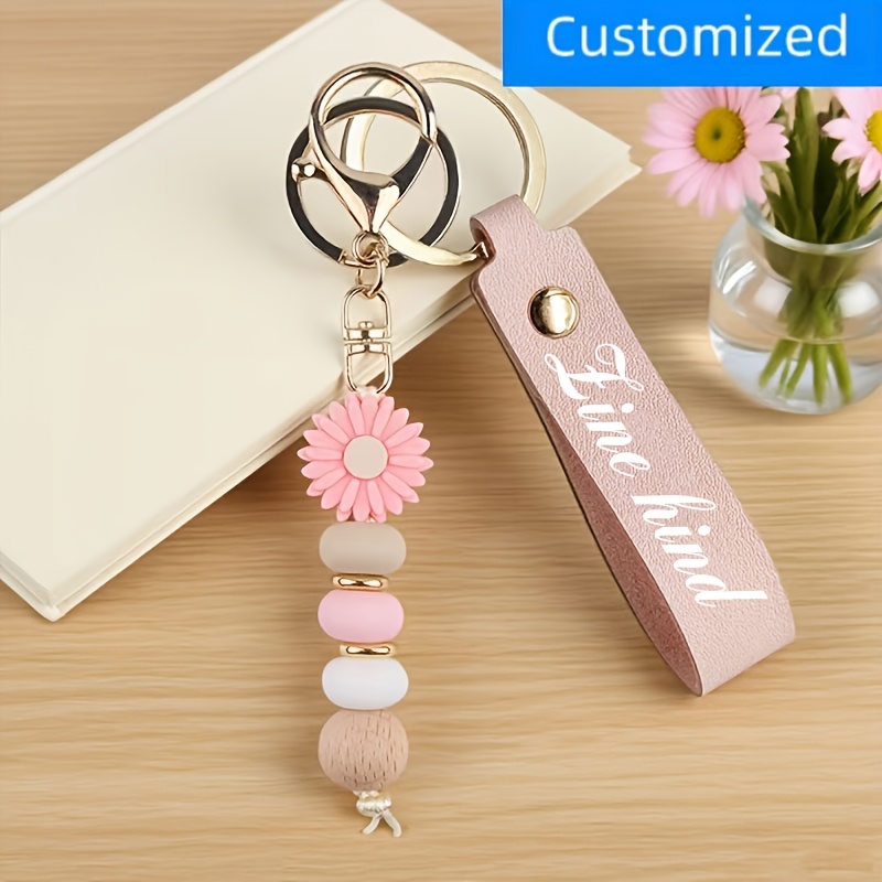 TEMU 1pc Diy Custom Daisy Bead Keychain, Personalizable With Text, Date, Or Symbol - Light-colored And , Lobster Clasp Closure, Elegant Gift For
