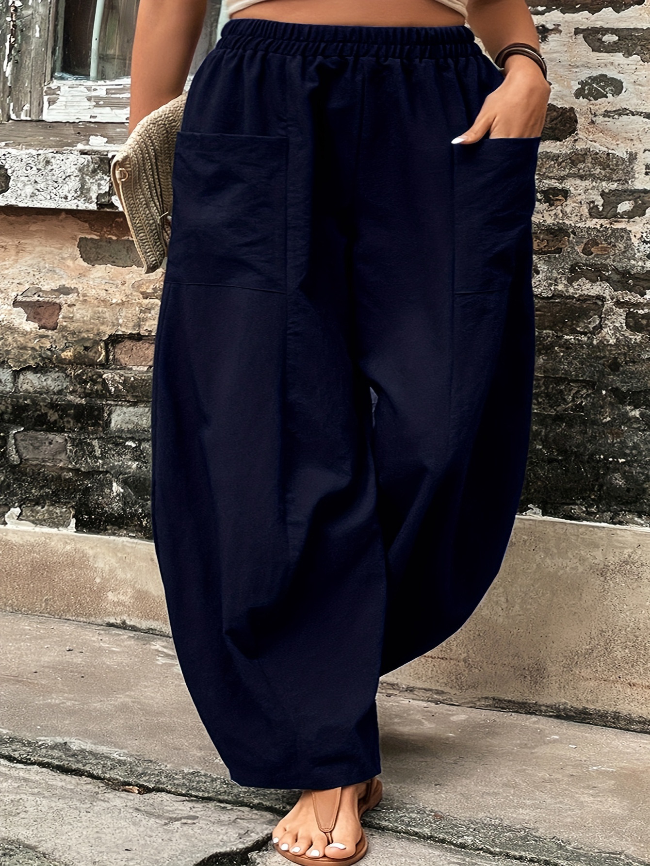 Plus Size Dual Pockets Baggy Pants, Casual Elastic Waist Pants For Spring & Fall, Women's Plus Size Clothing