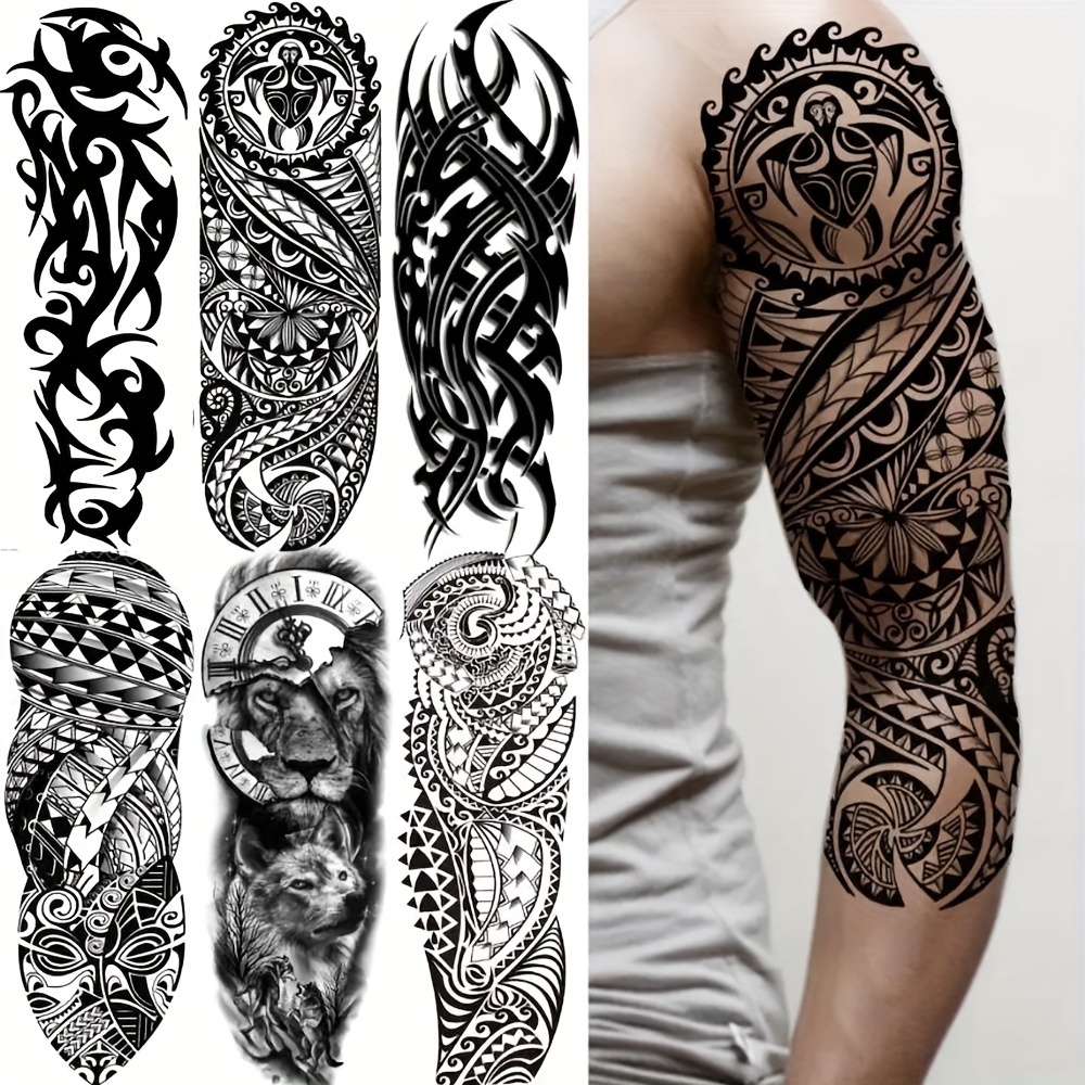 Image of 6pcs Full Arm Temporary Tattoos - Black Totem, Designs | Long-lasting Waterproof Body Art Stickers For