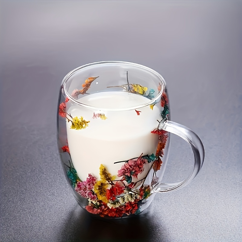 

Floral Quicksand Glass Coffee Mug - Double-walled, Heat-resistant Borosilicate Glass, Perfect For Milk & Juice, Ideal Birthday Gift