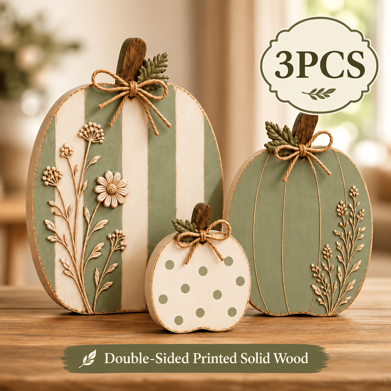 TEMU [enlarged And Thickened Version] Sage Lotion Color Embossed Wild Flower Solid Wood Pumpkin Set | Autumn Layered Tray Decoration Center