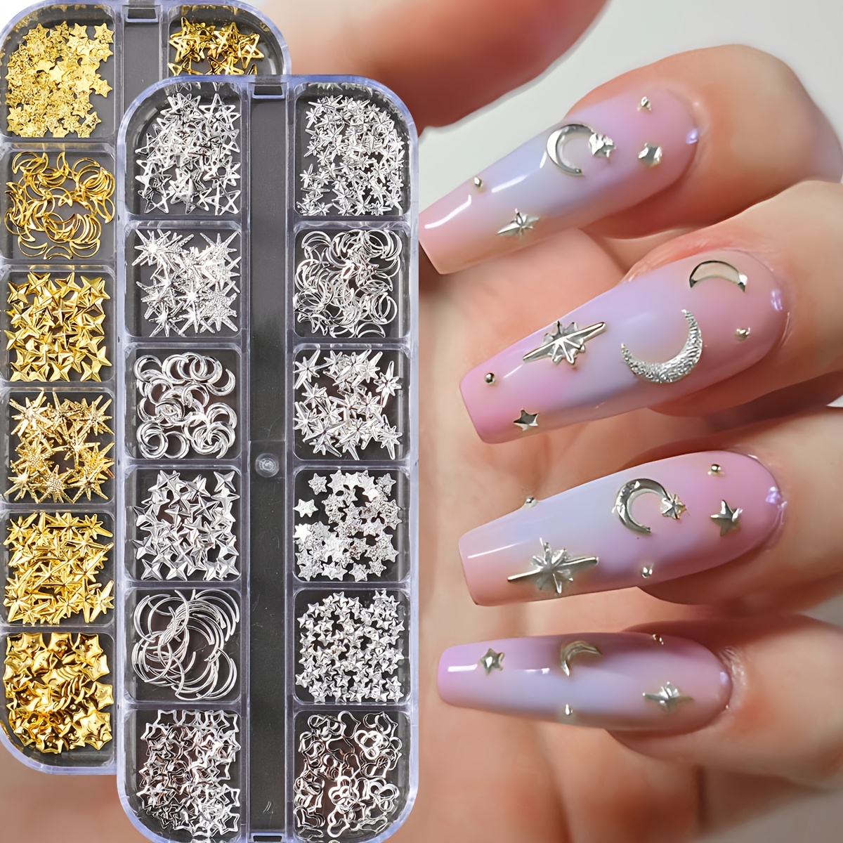 

12 Grids Silvery Golden Metal Nail Ornaments Stars Moon Heart Rivets Nail Art Decorations 3d Alloy Nail Jewelry For Manicure Diy Art Decorations