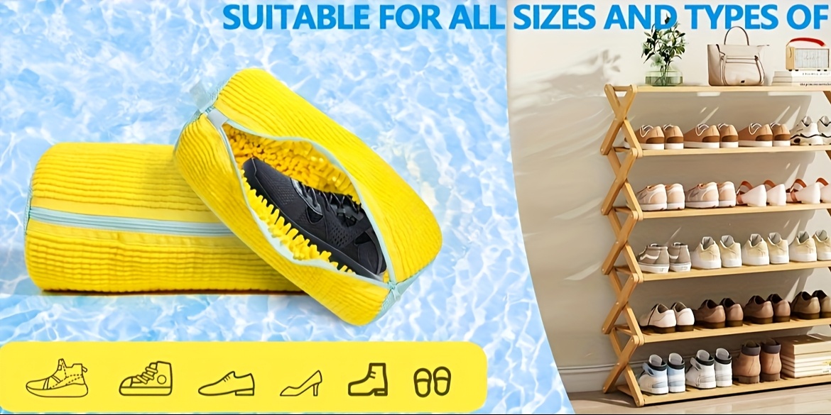 Durable Shoe Washing Machine Bag for All Shoe Types - Yellow with Blue Zipper, Protective Laundry Bag with Rich Fluff Interior, Ideal for Sneakers and Casual Shoes, Laundry Wash Bag, Laundry Bags