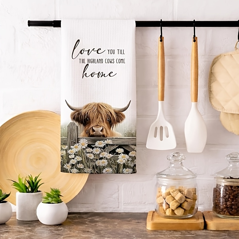 TEMU 1pc Farmhouse Fun Highland Cow Kitchen Towel, "love You The Cows " Decorative Napkin, Gift For Bathroom Farmer, Country Floral Cottage Dish