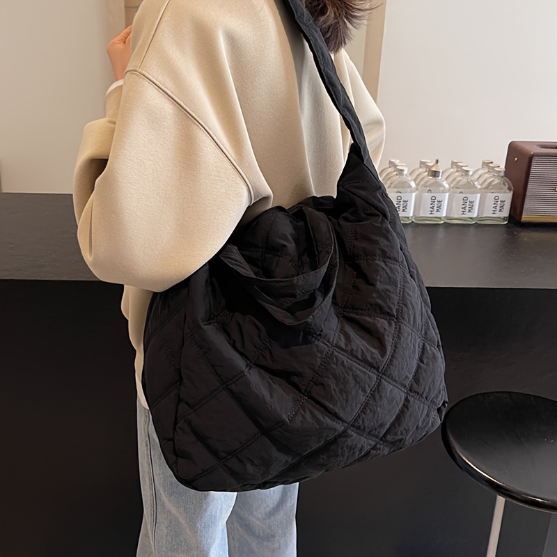 E-shop Damen Tote Bag mit großem Fassungsvermögen, lässige, einfarbige, leichte Tragetasche, modische schwarze gesteppte Handtasche mit Strasssteinen,