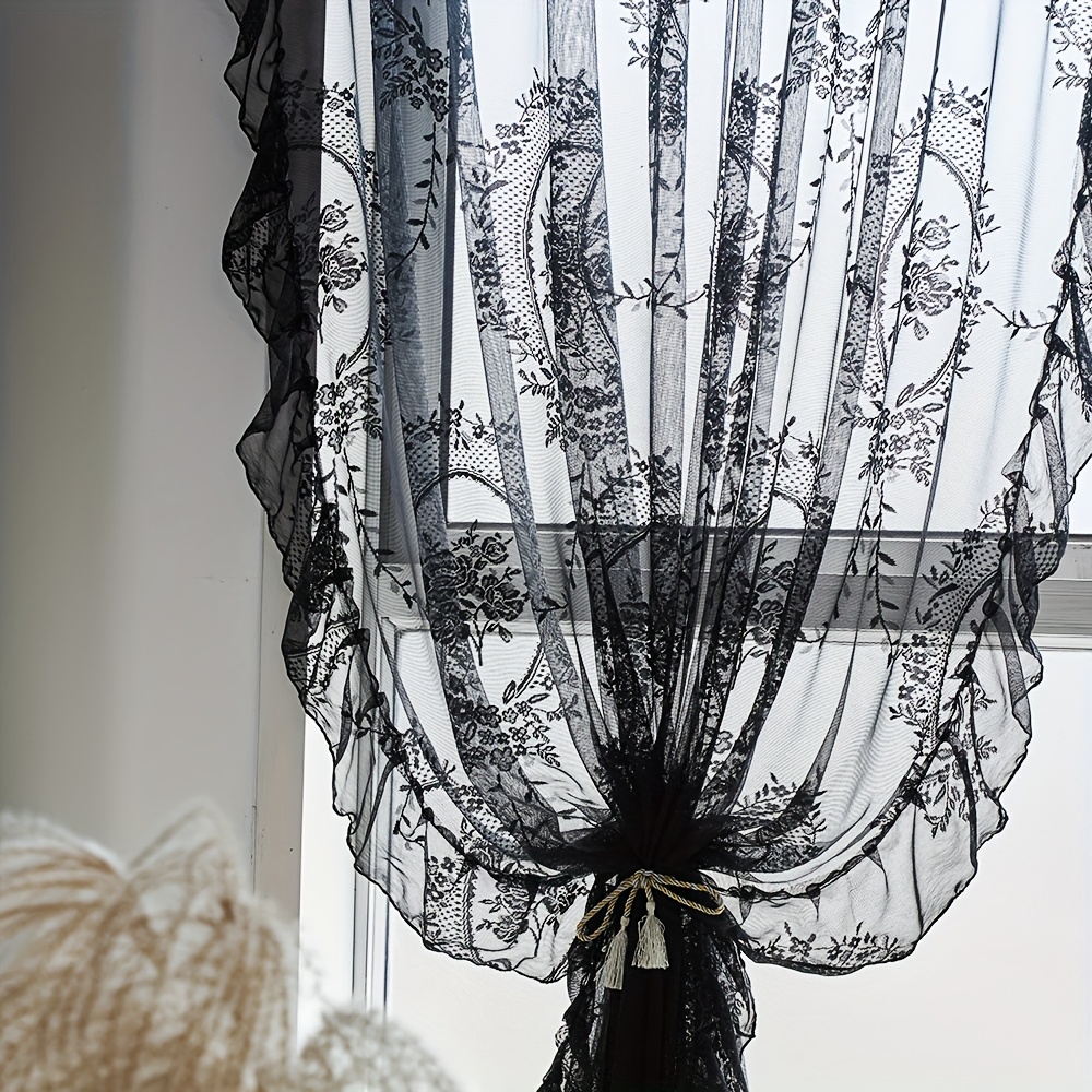 TEMU 1pc Of Floral Embroidered Curtains With Lace Trim