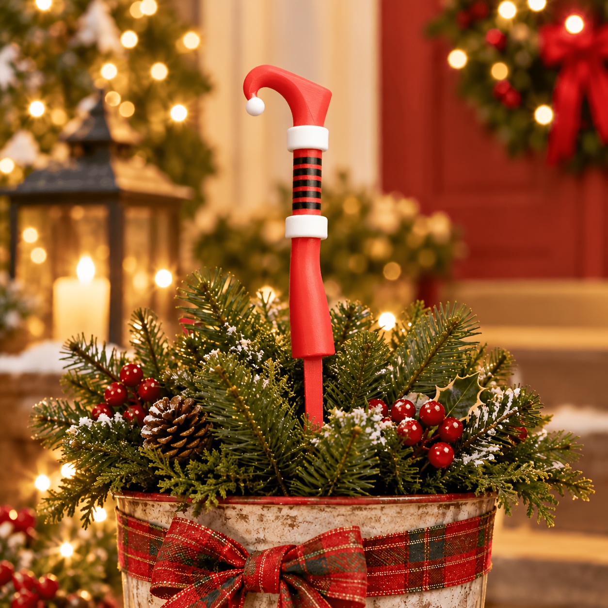 TEMU [3D] Weihnachts-Gartenspieße mit Wichtel-Mütze, festliche Pflanzenstecker mit Weihnachtsmann-Zwergenmütze, Außendekoration für Garten, niedliche