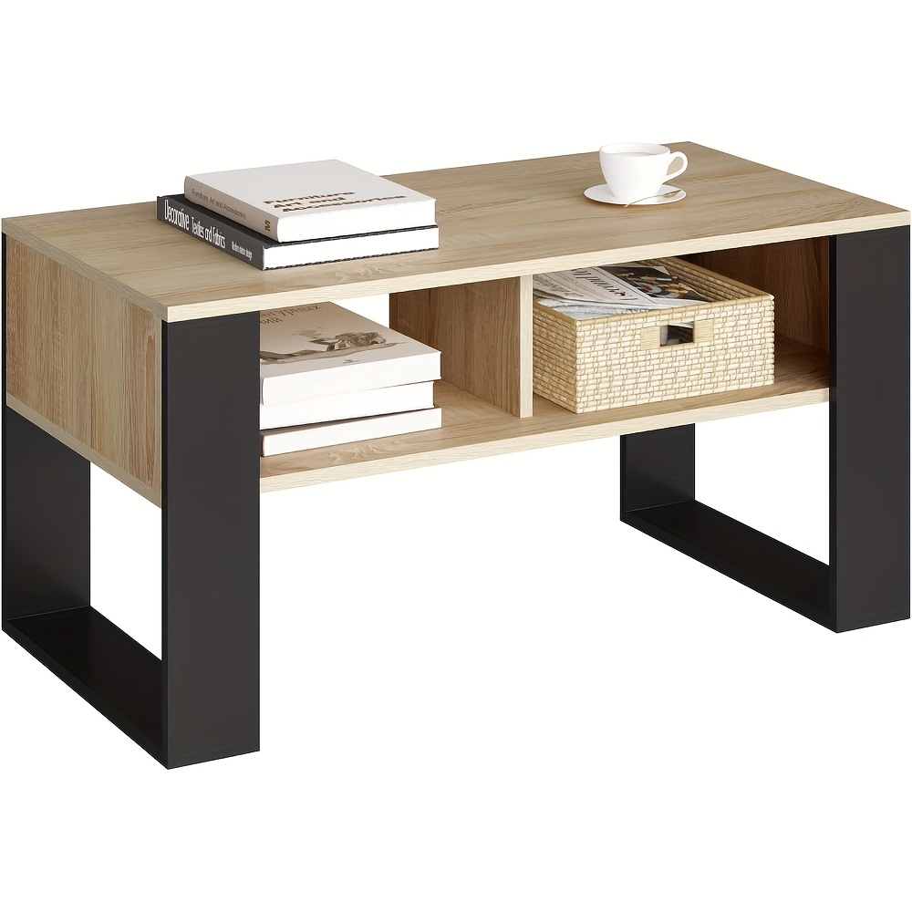 1pc Coffee Table With Storage Space, Large Desktop Side Table, 2 Open Compartments, Large Storage Space, Modern Living Room Table, Rectangular Coffee Table, Sofa Table