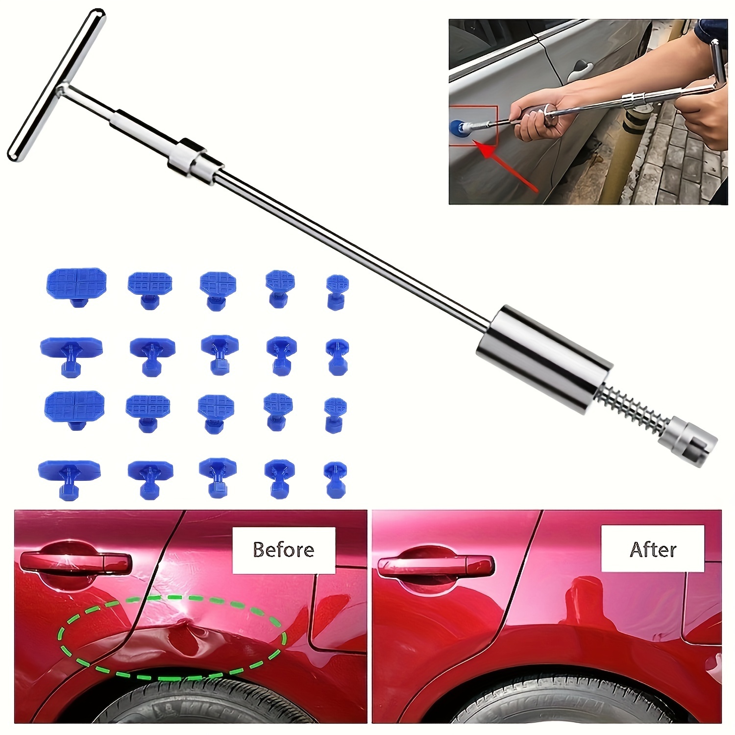 

Car Dent Repair Kit - Get Professional Results With Our Metal T-handle Puller And Plastic Glue Tabs!(without Glue Gun)
