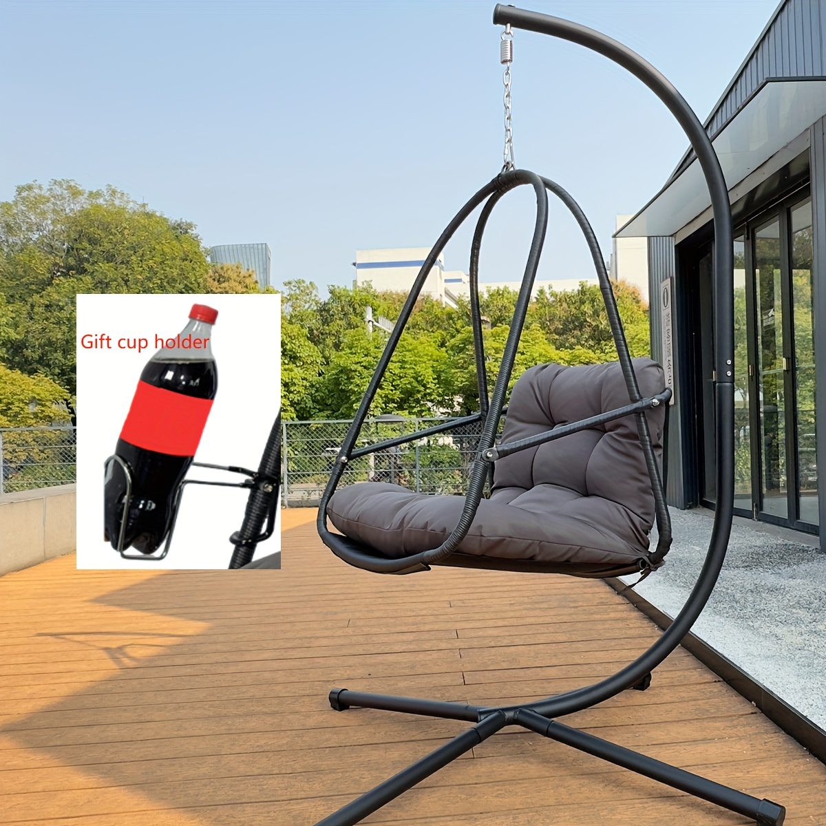 TEMU Fauteuil Balançoire avec Support, Chaise Hamac, Chaise Suspendue avec Coussin, Barrière de Sécurité, Porte-Gobelet, Antirouille, Cadre Pliable,
