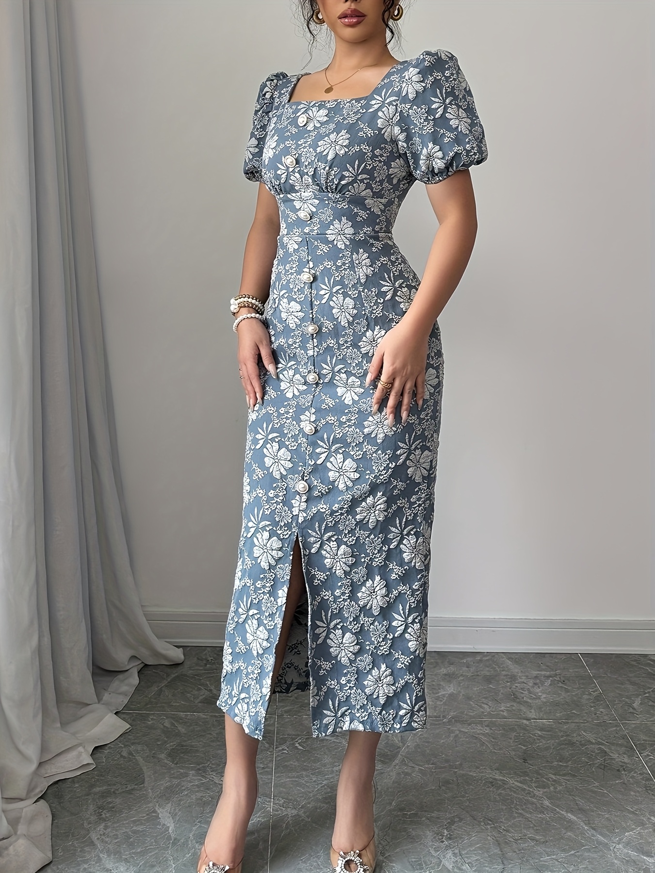 Acka. jacquard puff oneーpiece Dresses | Occasion Jacquard Puff Sleeve Mini Dress | Oasis