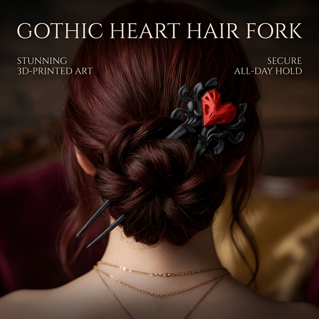 Gothic Red Heart Hair Stick, 3D Printed Black U-Shaped Hairpin