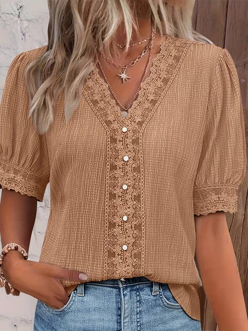 2503 2025 spring summer contrast lace splicing short sleeve top