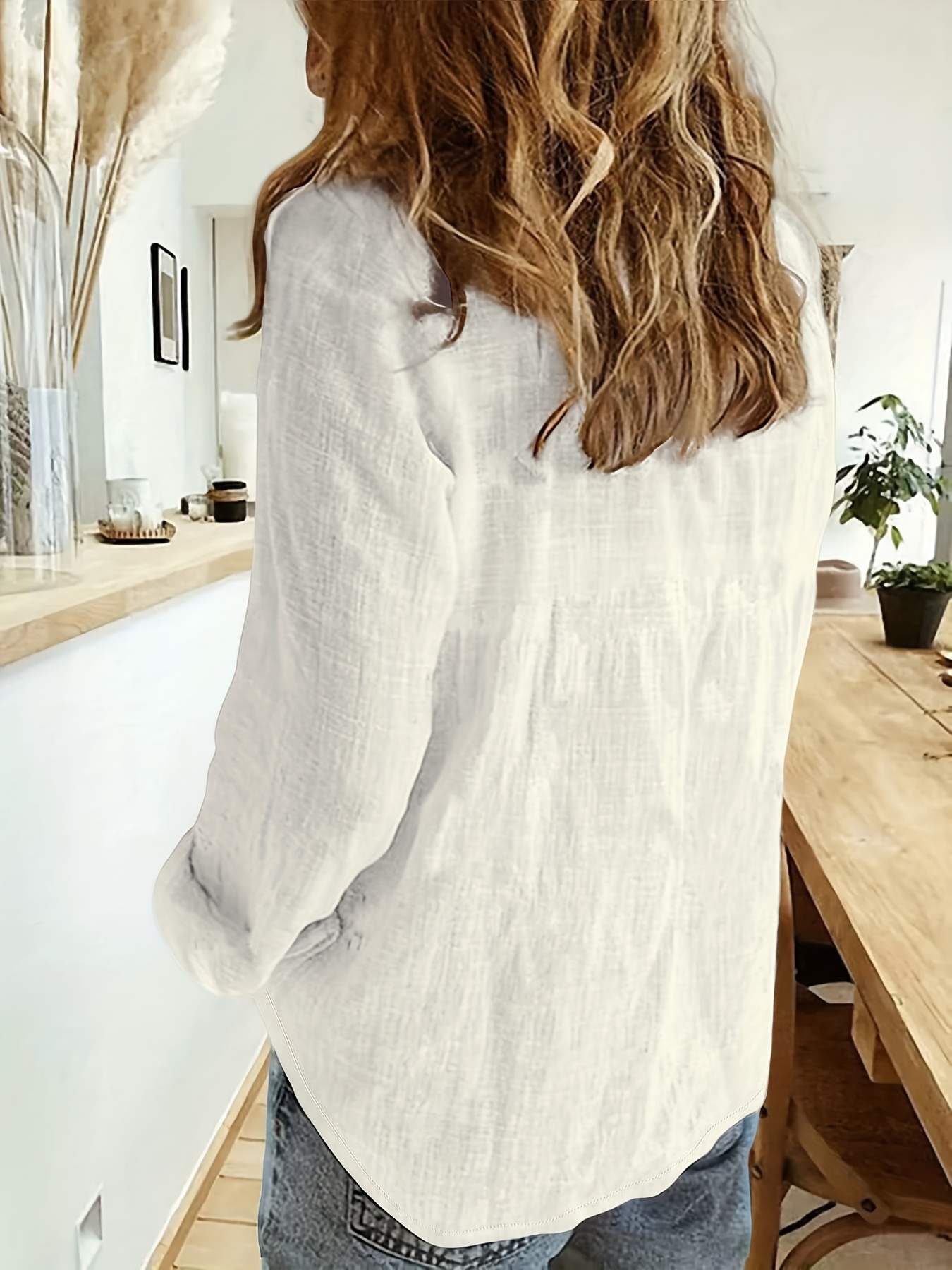 Damen Bluse Langarm Lässig - V-Ausschnitt Knopfleiste Einfarbig