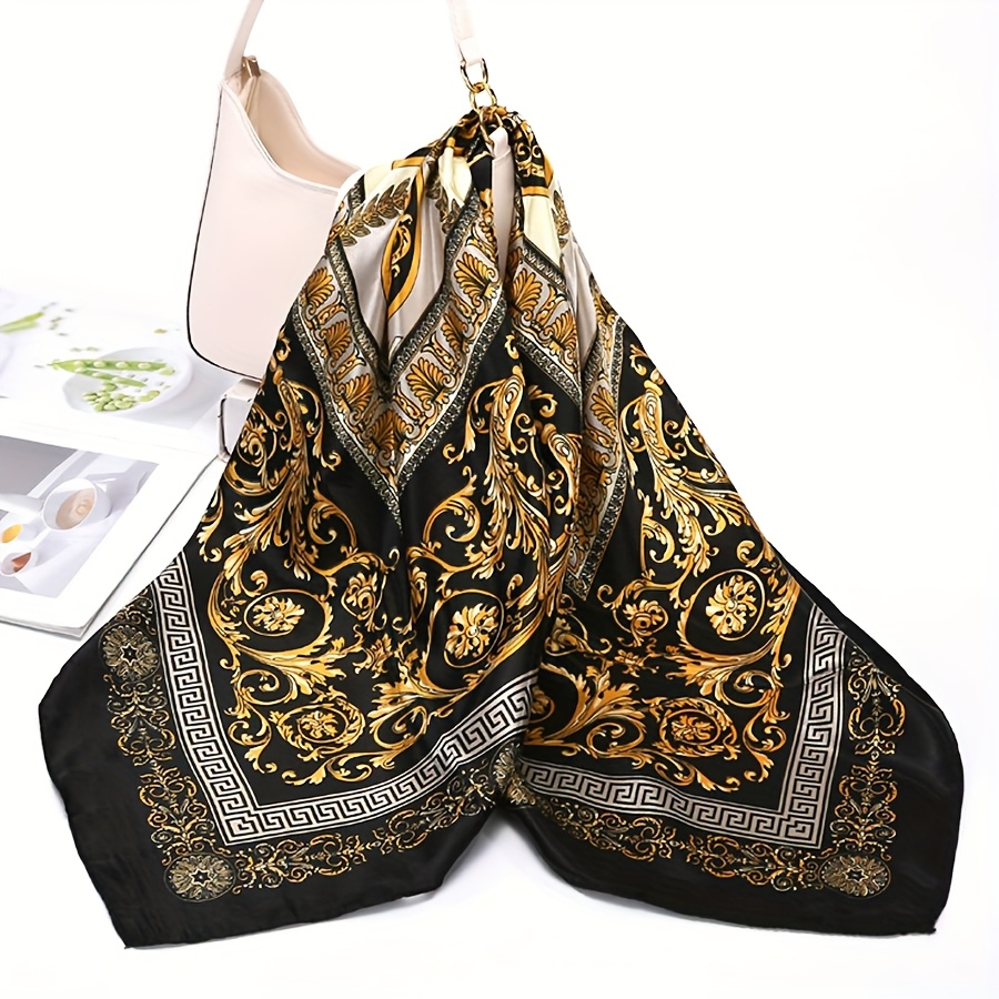 

Luxurious 35.4" Square Scarf With Elegant Black, Golden & White Paisley Design - Lightweight Polyester, Breathable & | Sun Protection Headscarf For All | Fashionable Silk Bandana, Hair Scarf