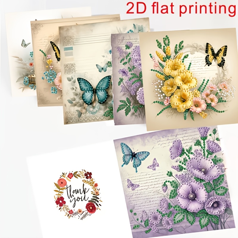 TEMU 6pcs Floral & Diamond Painting Greeting Cards With 6 Envelopes - Diy Round & Irregular Shaped Suitable For Weddings, Birthdays, Mother's Day,