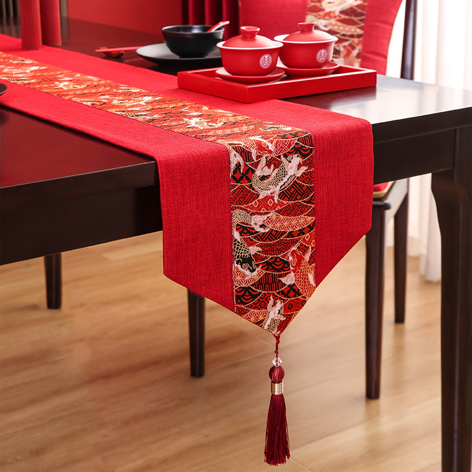 

1pc Chinese New Year Table Runner, Red Polyester Tablecloth, Rectangular Woven Design, Party Decor, Home Kitchen Decor, Dining Room Table Decor