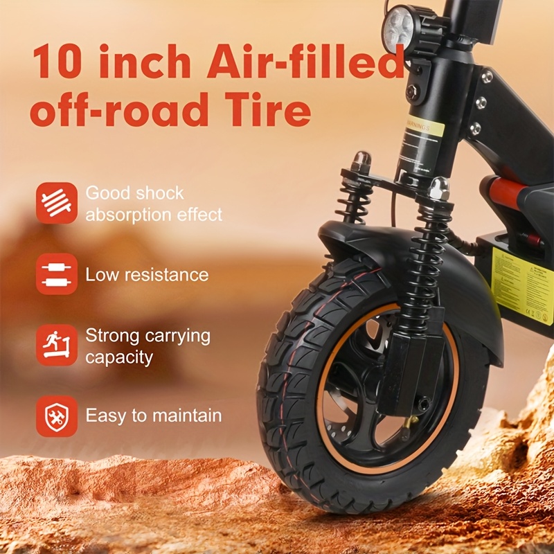 mx-14 500w/740w power, 10 off-road/tubless tire kick electric scooter, foldable   - max range 40km/60km/80km, double suspension & double disc brake, phone charging usb port, rgb ambient light, turn   light, led front light Product details 2