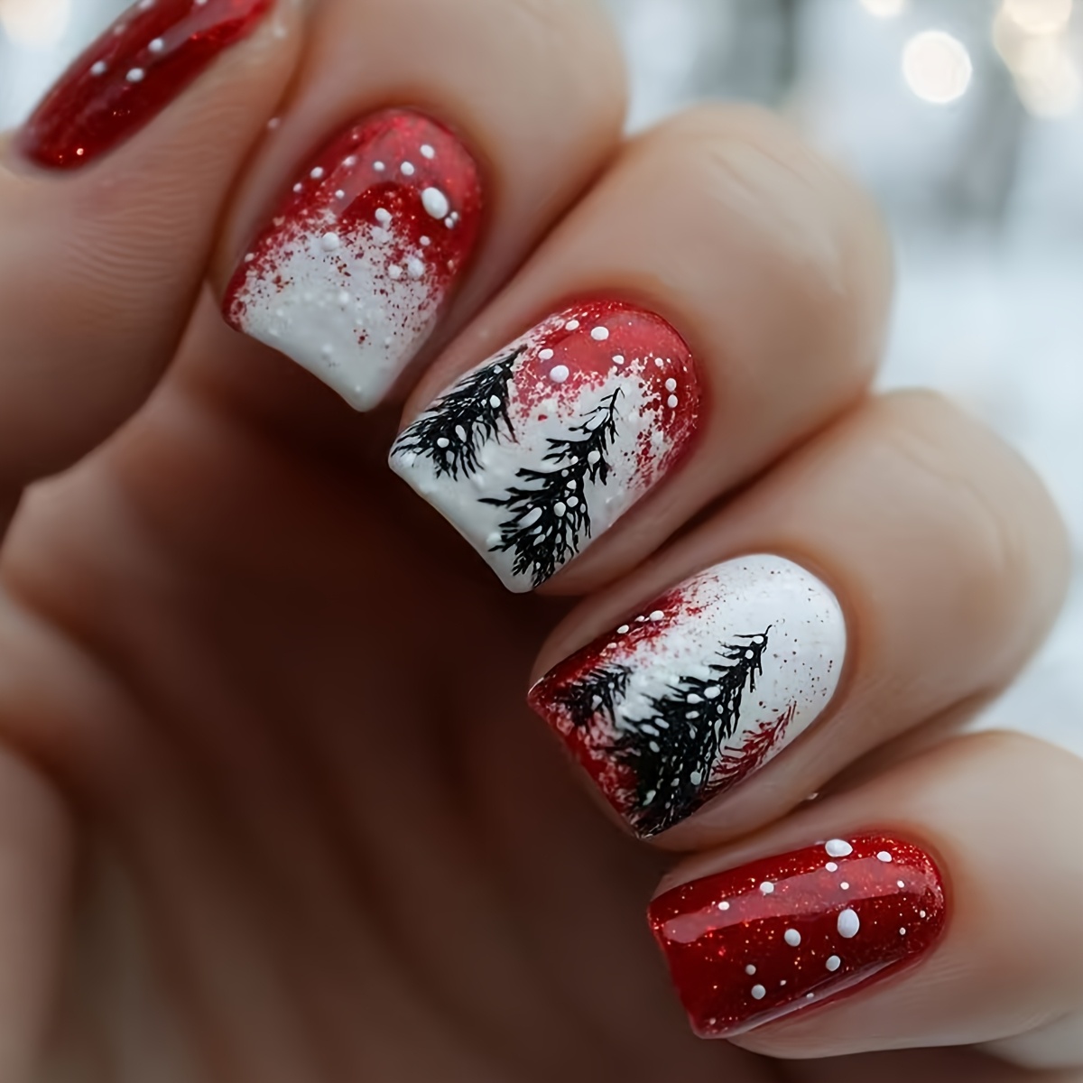TEMU Christmas 24pcs Short Glossy Red Starry Sky Fake Nails, Christmas Tree Nail Art, Removable False Nails, Tree Nail Stickers, Convenient For